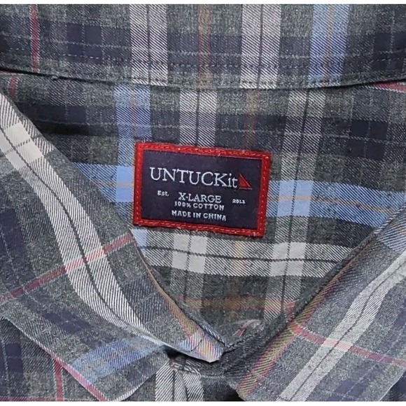 UNTUCKit Mens 2XL NAVY CHECK Wrinkle Free Button Up Long Sleeve Dress Shirt - Picture 2 of 7